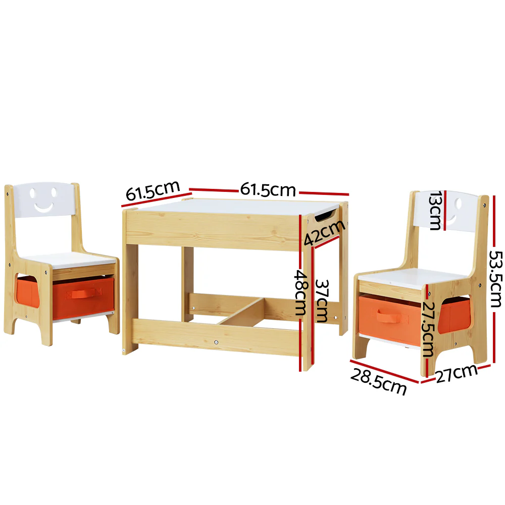 Pheby 3-Piece Kids Table & Chairs Set Activity Chalkboard Toys Storage Box Desk - White & Wood - Nurns
