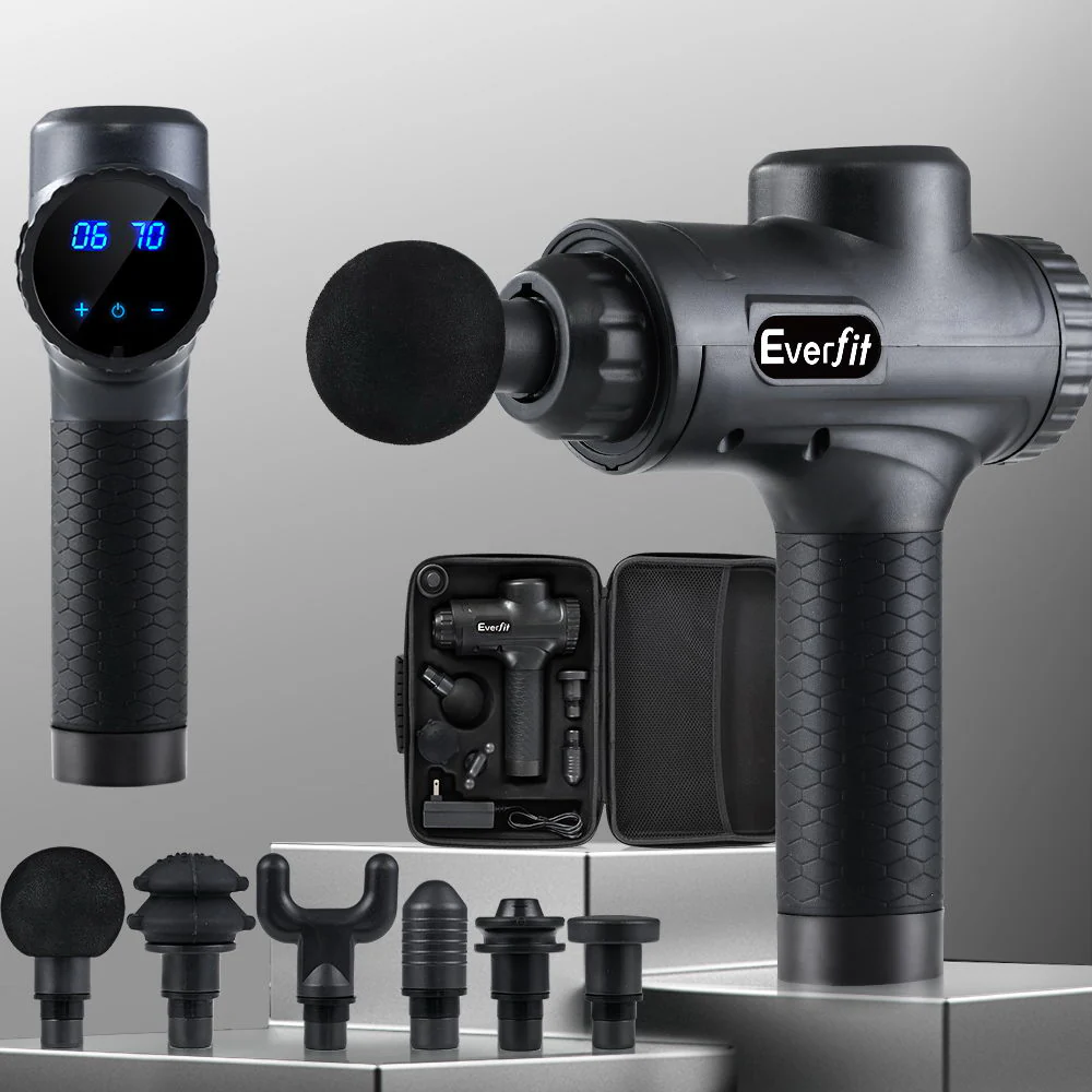 Everfit Massage Gun 30 Speed 6 Heads Vibration Muscle Massager Chargeable Black - Nurns