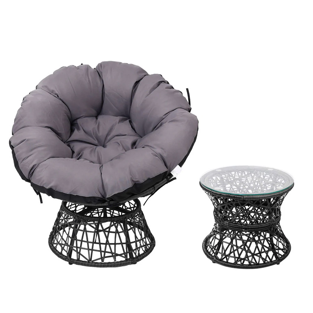 Outdoor Lounge Setting Furniture Wicker Papasan Chairs Table Patio - Black - Nurns