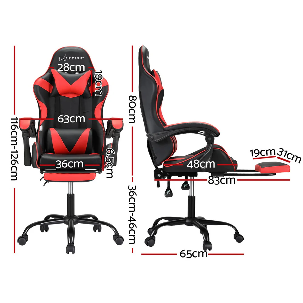 Artiss 2 Point Massage Gaming Office Chair Footrest Red - Nurns