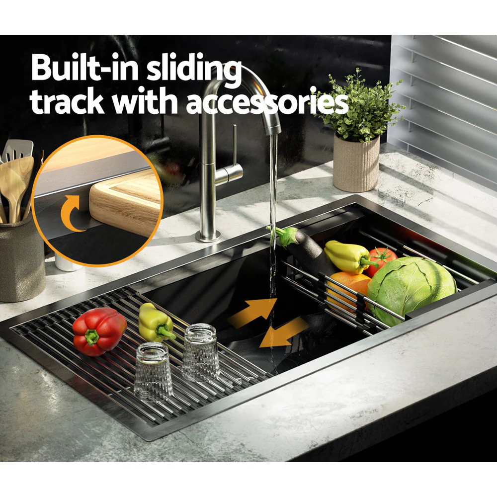 Kitchen Sink 81X45CM Stainless Steel Single Bowl Drain Rack Basket Black - Nurns