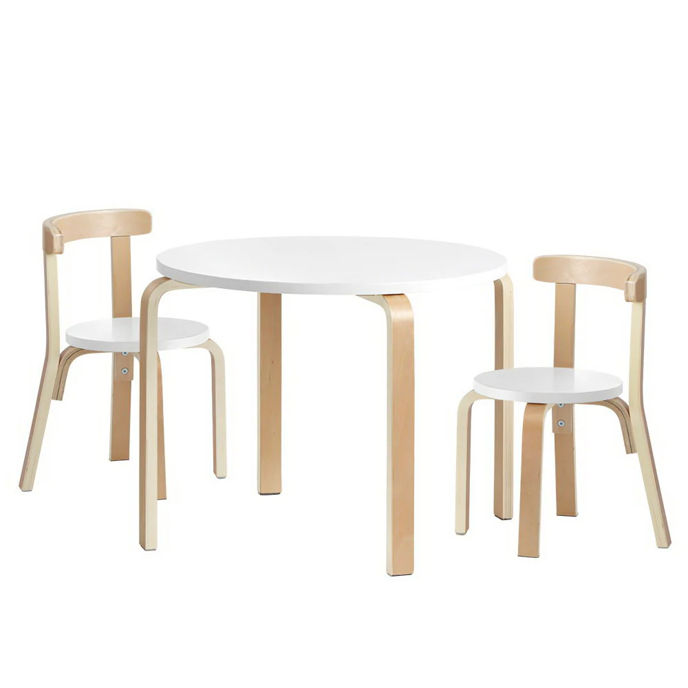 Paige 3-Piece Kids Table & Chairs Set Nordic Desk Activity Study Play Children Modern - White & Wood - Nurns