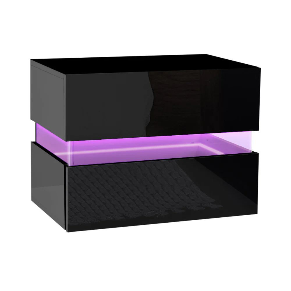 Granby LED High Gloss Bedside Tables RGB LED Side Nightstand High Gloss Cabinet with 2 Drawers - Black - Nurns