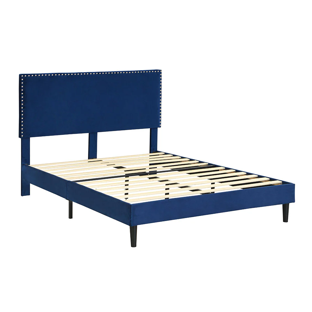 Velsen Bed Frame Base Platform Wooden Velvet with Headboard Blue - Queen - Nurns