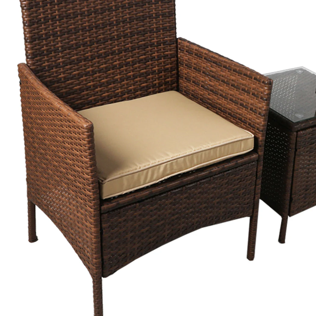 Rhyse 2-Seater Furniture Patio Garden Chair Table Rattan Wicker Cushion Seat 3-Piece Outdoor Setting - Brown - Nurns