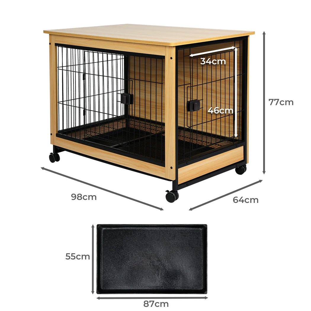 Wooden Wire Dog Kennel Side End Table Steel Puppy Crate Indoor Pet House XL - Wood XL - Nurns