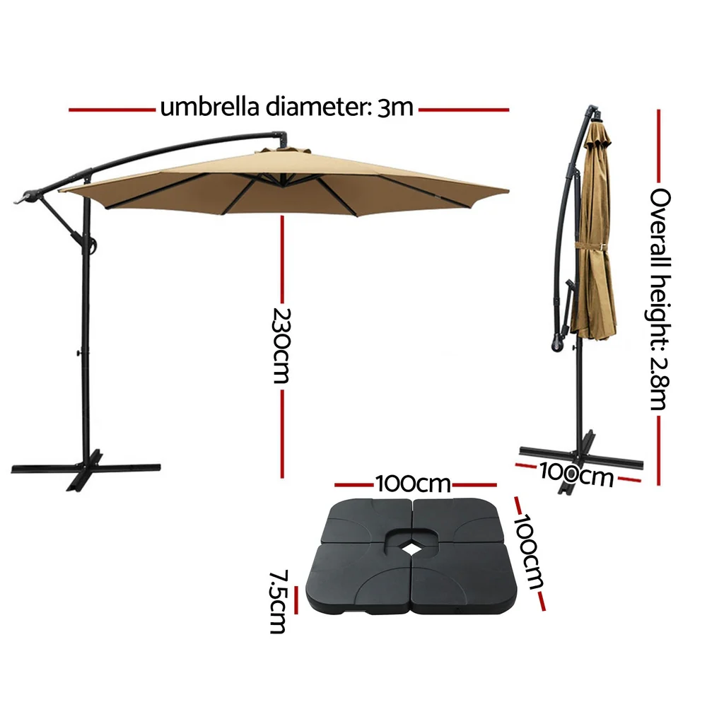 Instahut 3m Umbrella w/Base Outdoor Cantilever Beach Garden Patio Parasol Beige - Nurns