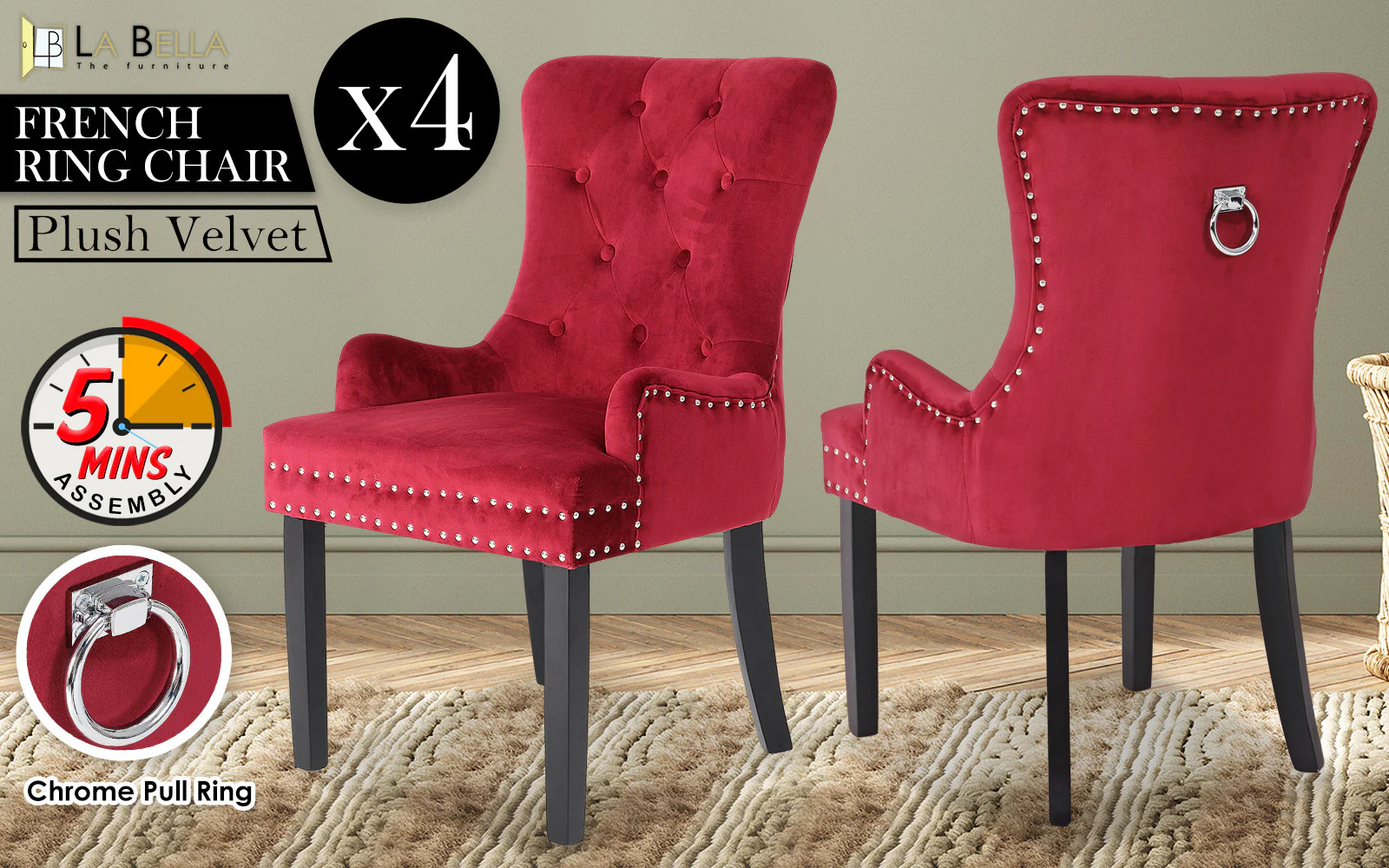 Arabella Set of 4 French Provincial Dining Chair Ring Studded Velvet Rubberwood Leg - Bordeaux Red - Nurns