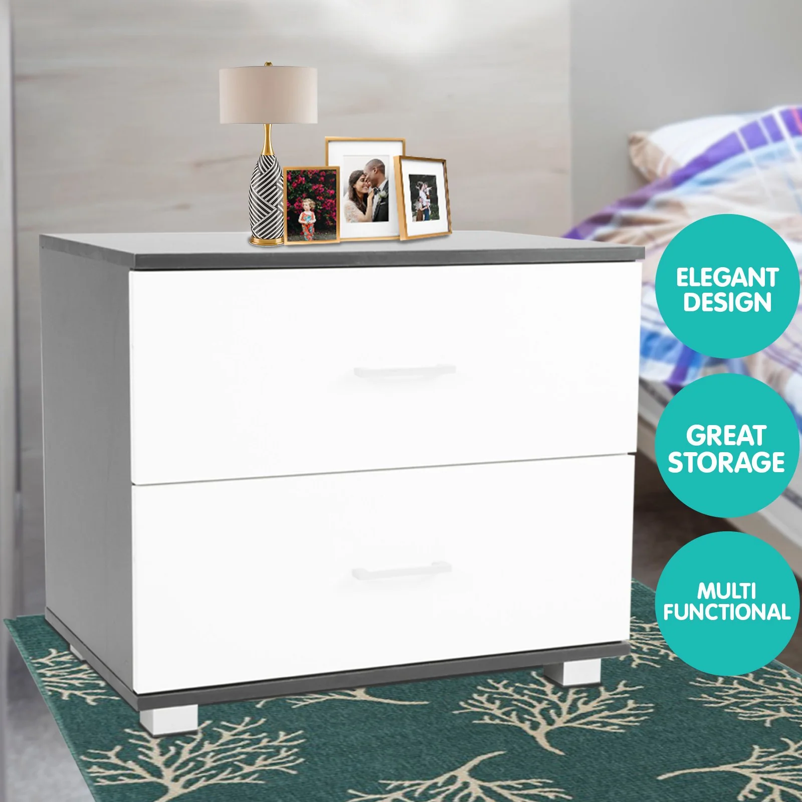 Bedside Table Cabinet Storage Chest 2 Drawers Lamp Side Nightstand White Black - Nurns