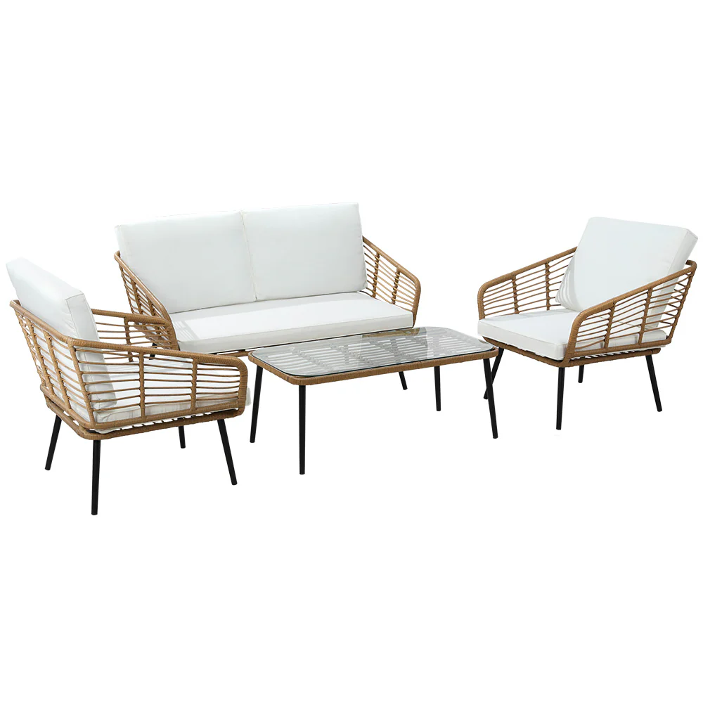 Houda 4-Seater Furniture Rattan Table Chairs 4-Piece Outdoor Sofa - Wood - Nurns