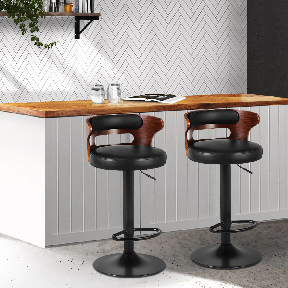 Set of 2 Caen Bar Stools Kitchen Wooden Gas Lift Leather Stool Metal Barstools - Black - Nurns