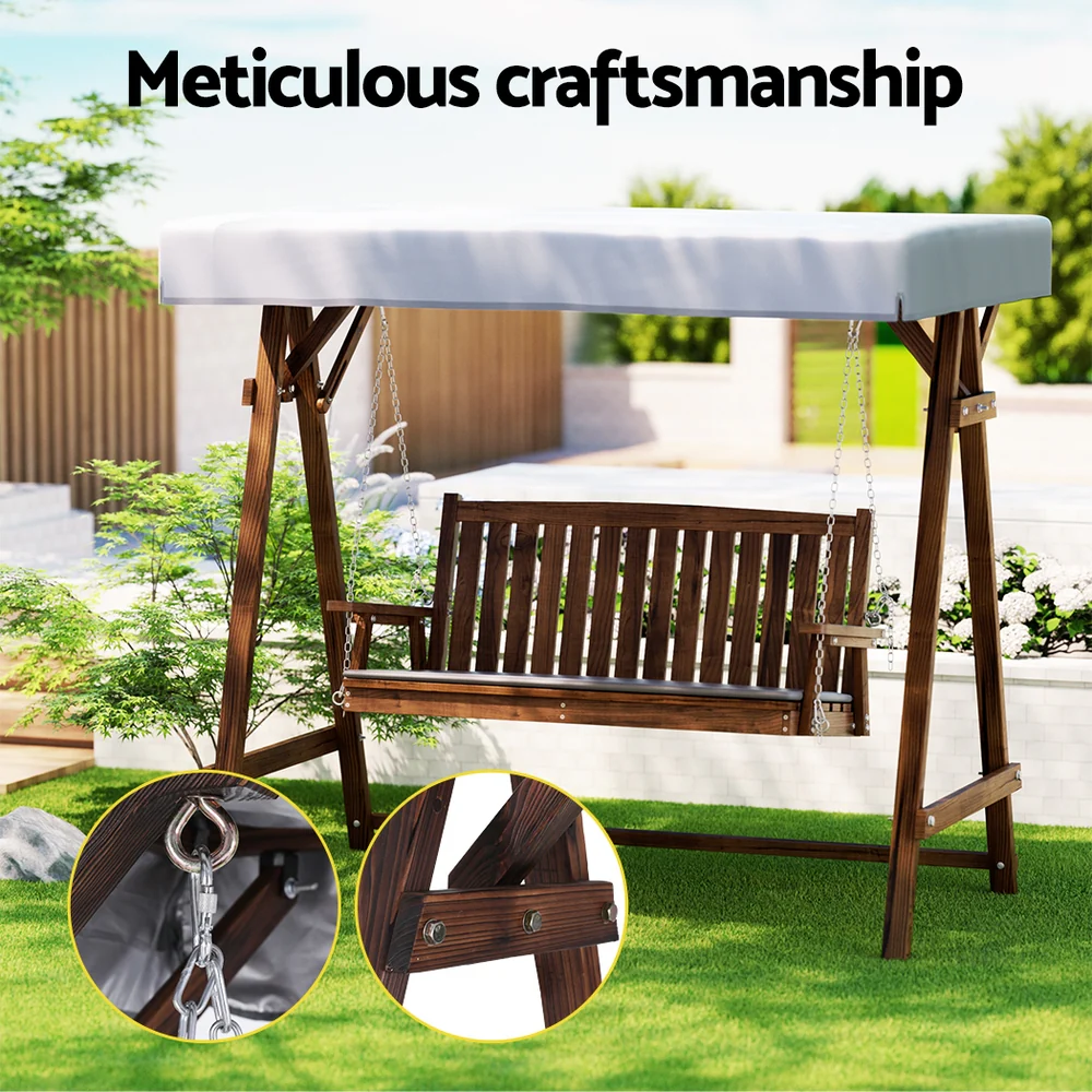 Fince 3 Seater Wooden Swing Chair Garden Bench Canopy - Charcoal - Nurns