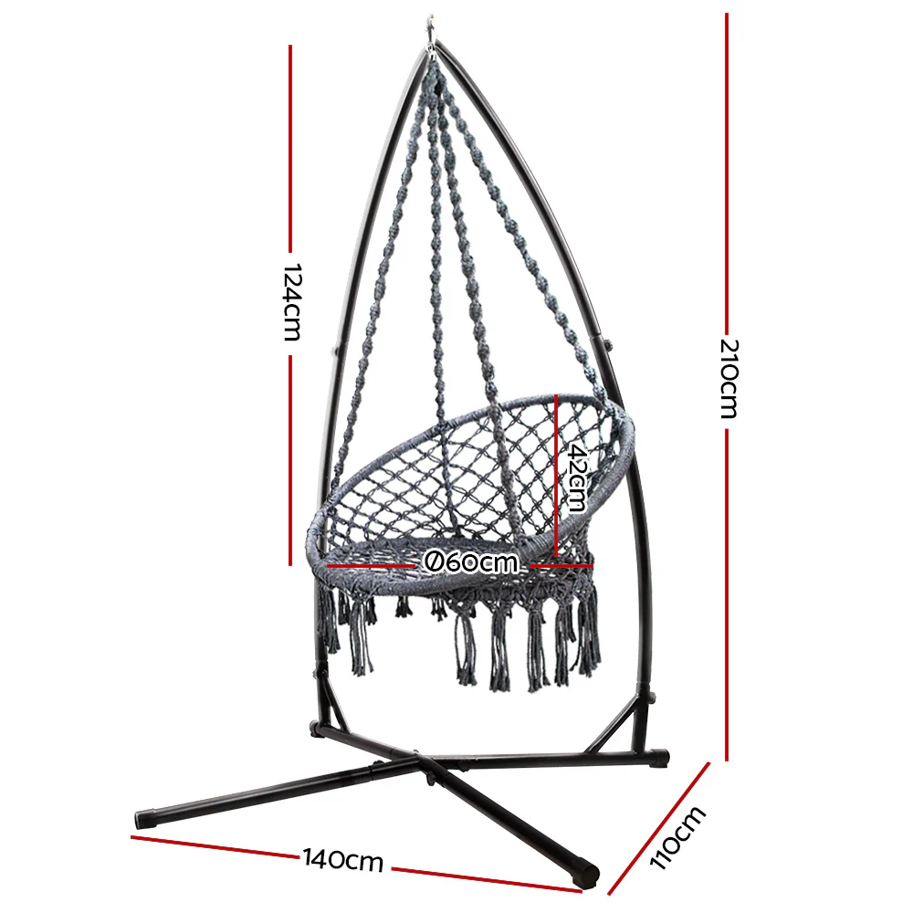 Hammock Chair with Steel Stand Macrame Outdoor Swinging - Grey - Nurns