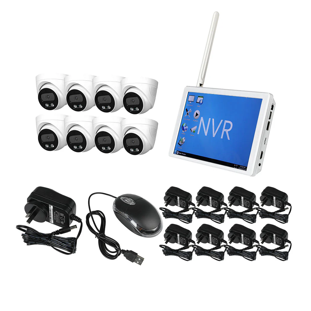 Set of 8 Wireless Security Camera System Set with Monitor Round - White - Nurns