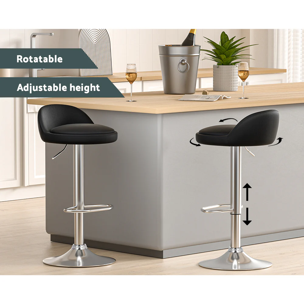 Set of 4 Hobart Bar Stools PU Leather Gas Lift - Black - Nurns