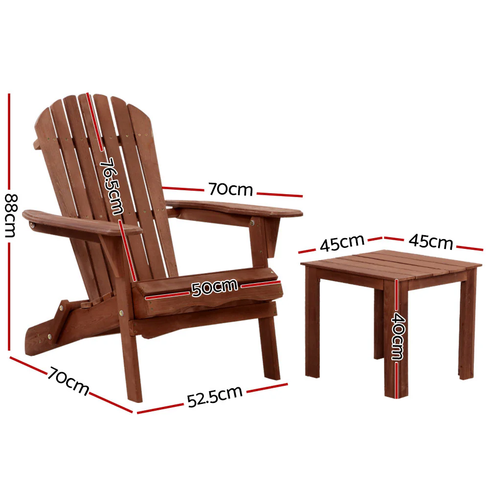 Adirondack Gardeon 3PC Outdoor Table and Chairs Wooden Foldable Beach Chair Brown - Nurns