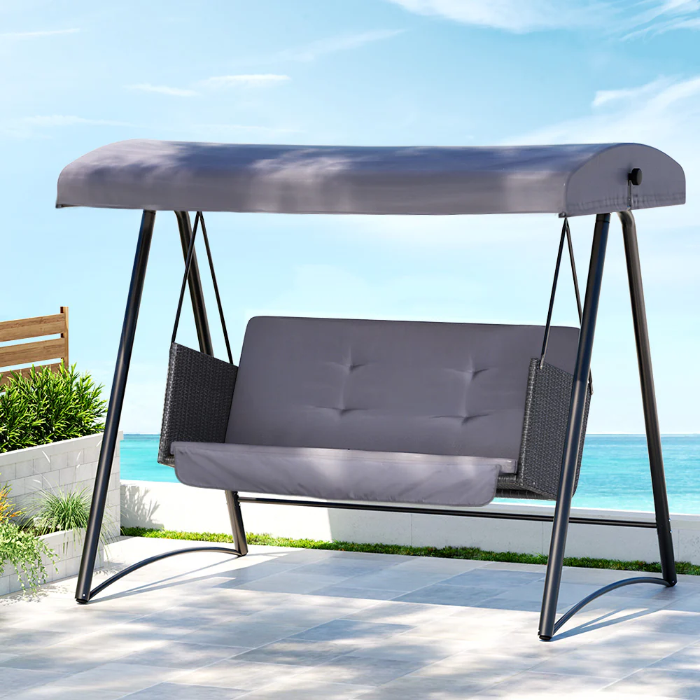 Rattan Swing Chair with Canopy Outdoor Garden Bench 3 Seater Grey - Nurns