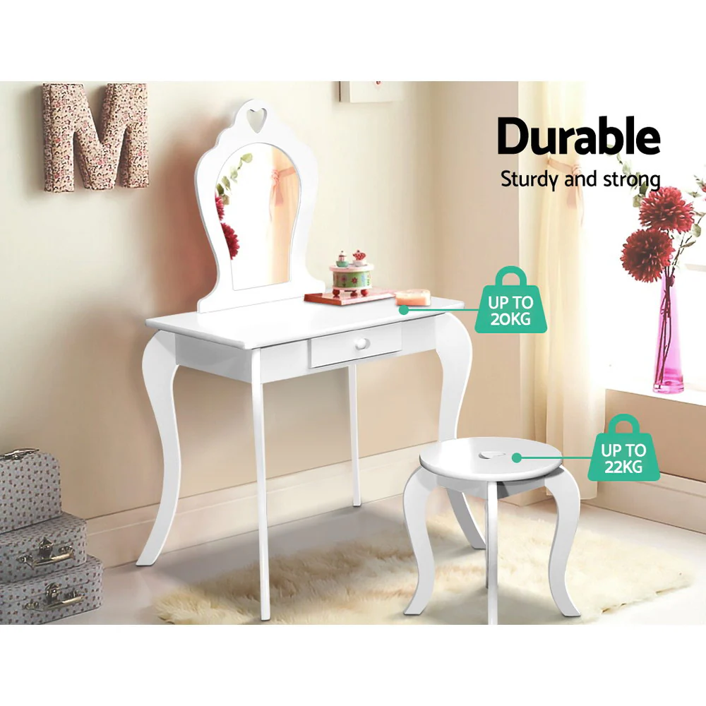Kids Dressing Table Stool Set Vanity Mirror Princess Children Makeup White - Nurns