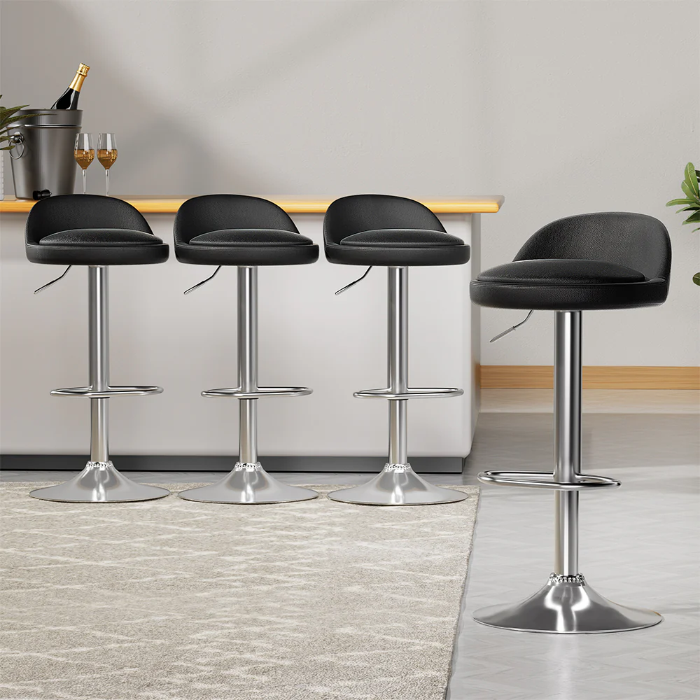 Set of 4 Hobart Bar Stools PU Leather Gas Lift - Black - Nurns
