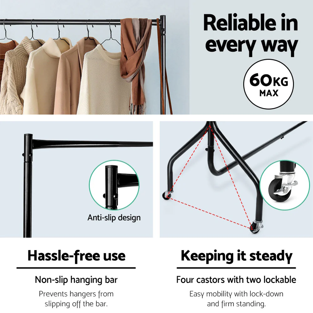 Set of 2 Clothes Rack Airer Coat Stand 6FT Rail with Wheels - Nurns