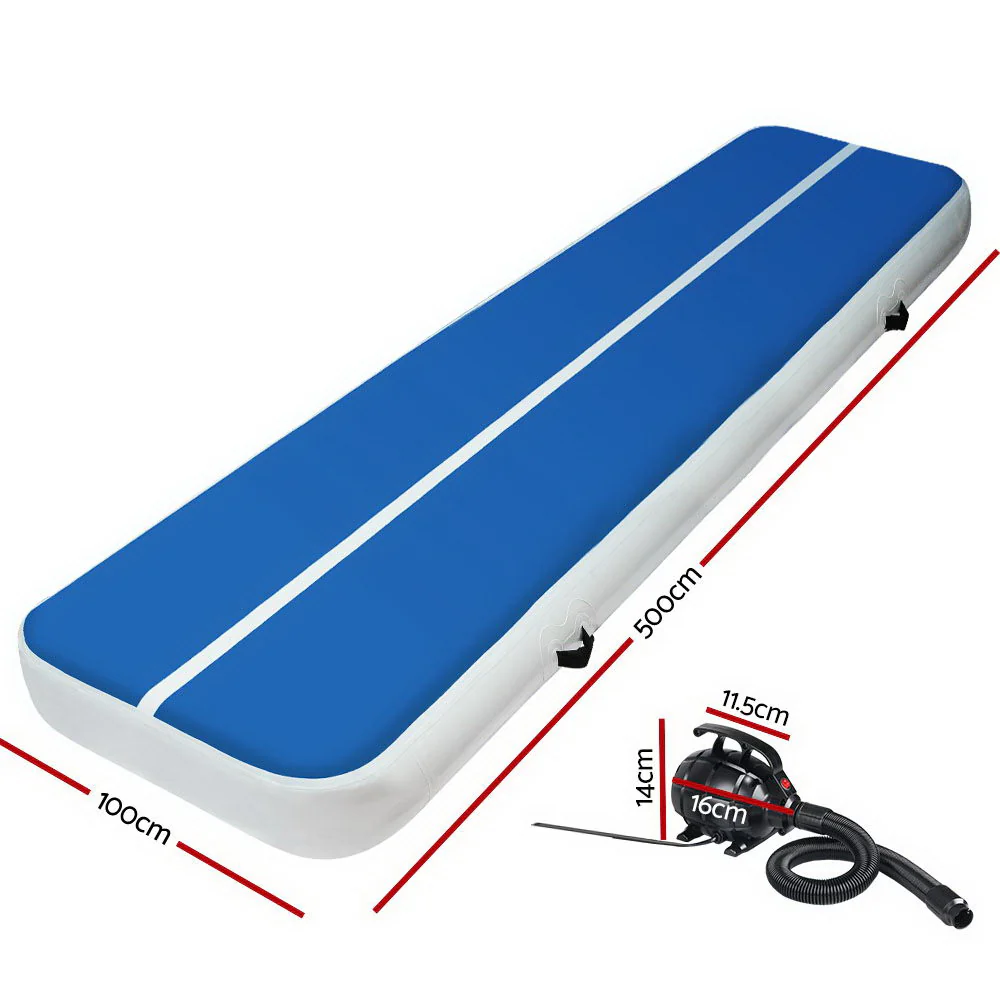 Everfit 5X1M Inflatable Air Track Mat 20CM Thick with Pump Tumbling Gymnastics Blue - Nurns