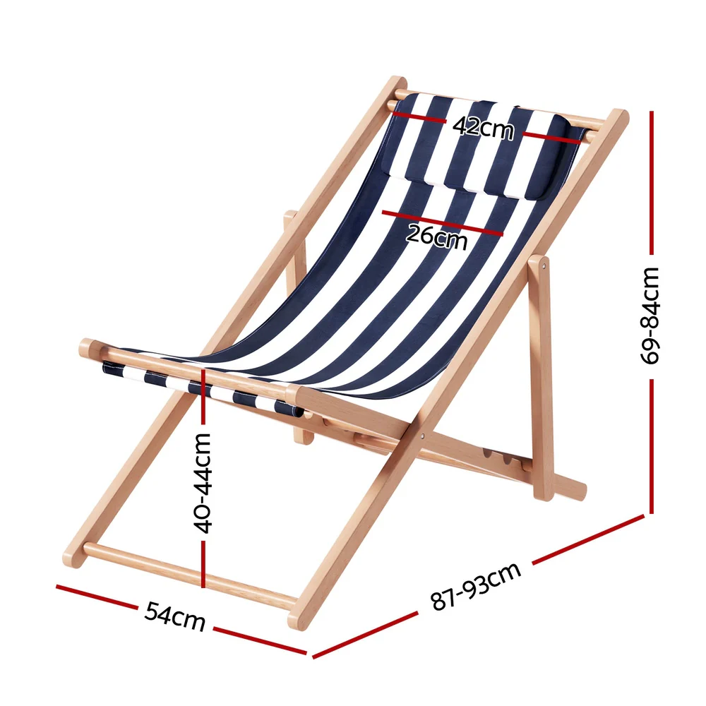 Damien Outdoor Chairs Sun Lounge Deck Beach Chair Folding Wooden Patio Furniture - Blue and White - Nurns