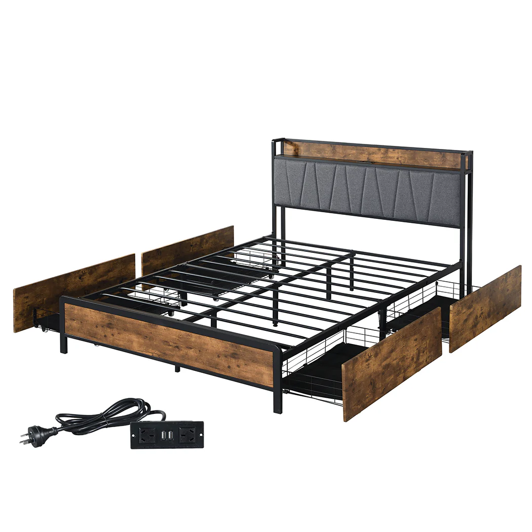 Eras Bed Frame Soft Storage Drawers Headboard USB Charge - Wood & Black Queen - Nurns