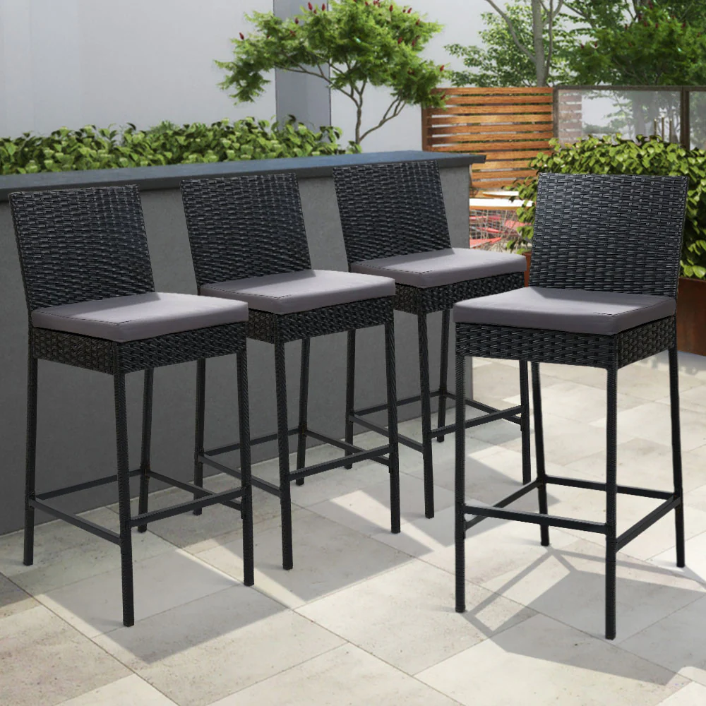 Ralph Set of 4 Outdoor Bar Stools Dining Chairs Wicker Furniture - Black - Nurns