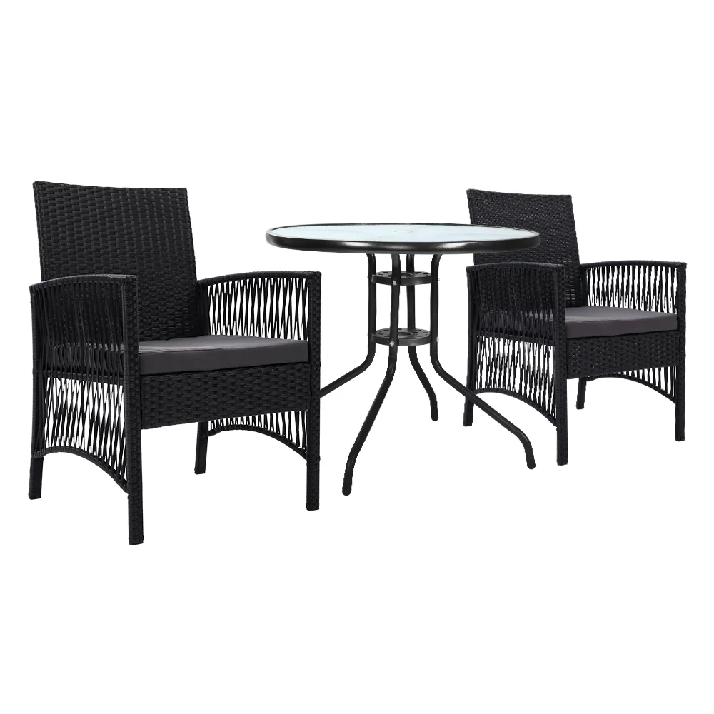 Shanklin 2-Seater Chairs Wicker Garden Patio Cushion Tea Coffee Cafe Bar 3-Piece Outdoor Furniture - Black - Nurns