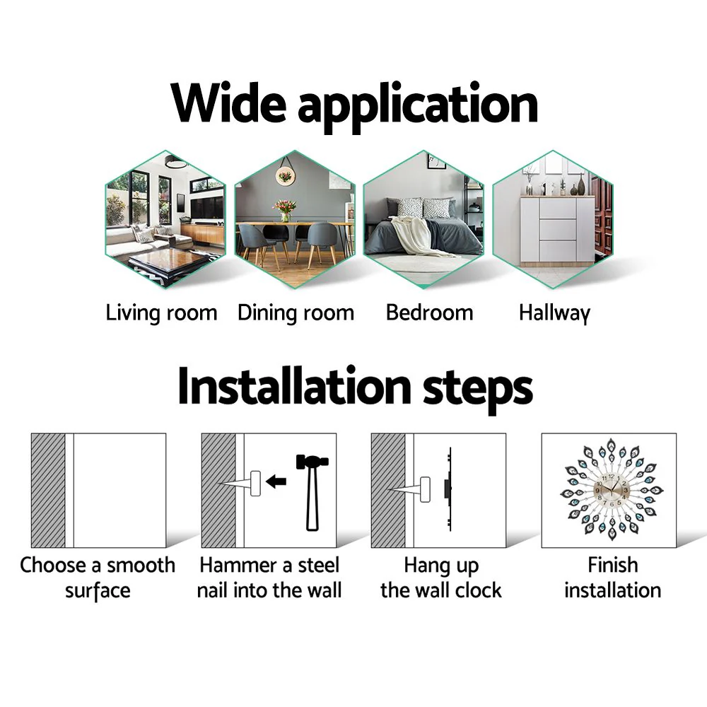 60CM Peacock Wall Clock Large 3D Modern Crystal Luxury Round Wall Clocks Home Decor Black - Nurns