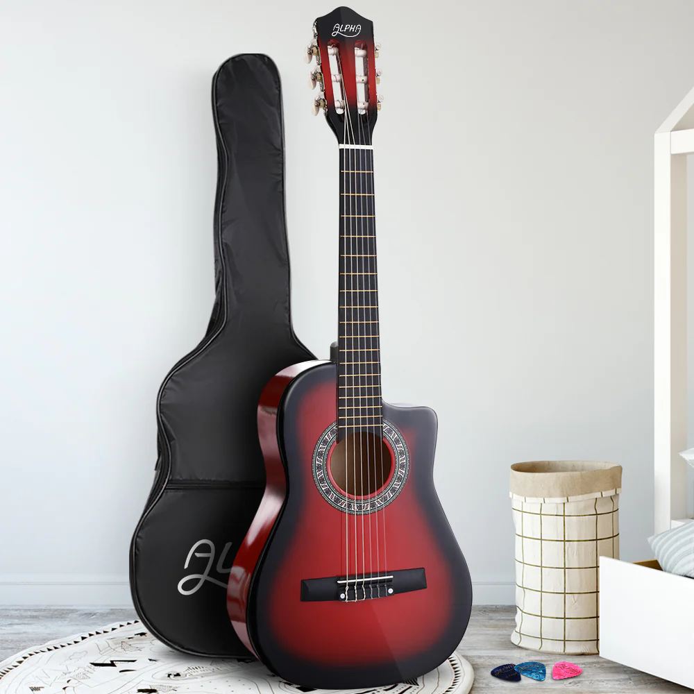 Alpha 34 Inch Classical Guitar Wooden Body Nylon String Beginner Kids Gift Red - Nurns