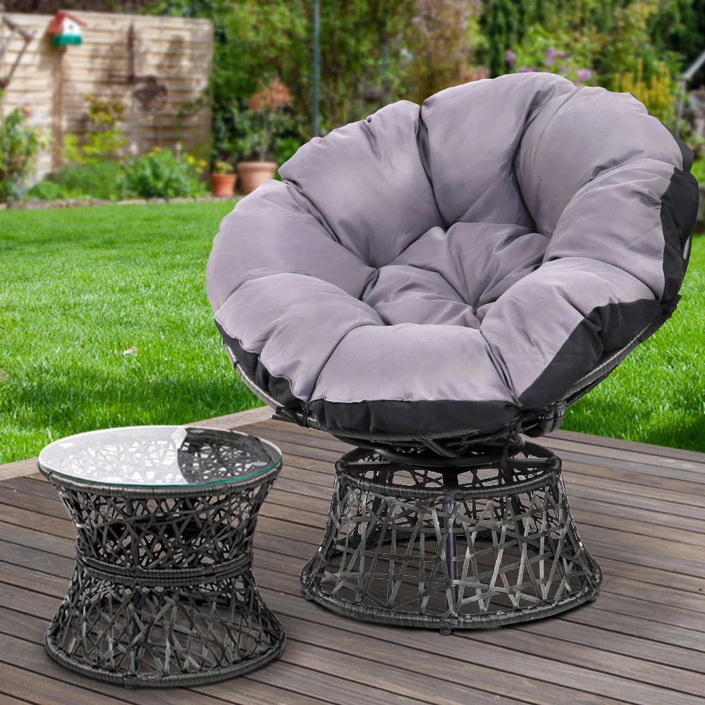 Outdoor Lounge Setting Papasan Chair Wicker Table Garden Furniture - Black - Nurns