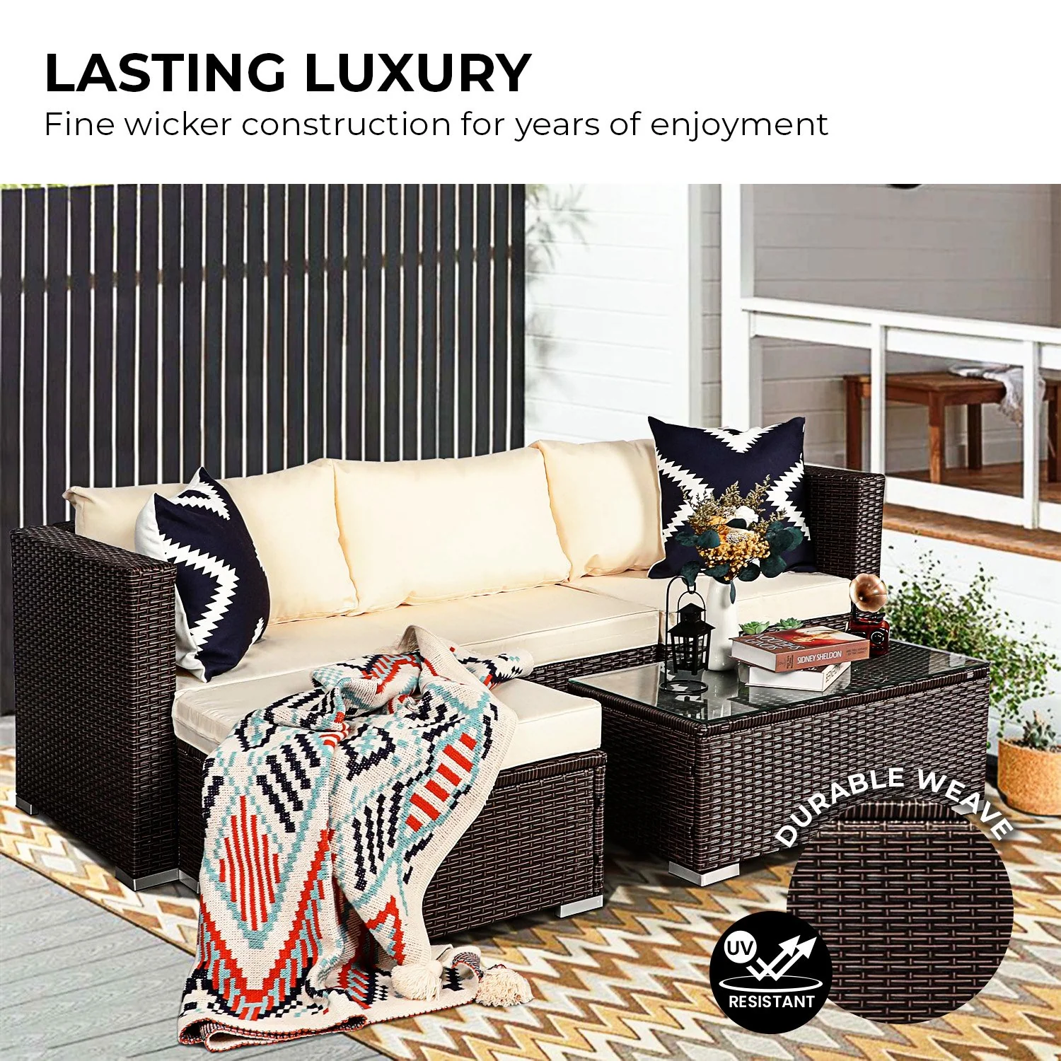Sonny 4-Seater Modular Lounge Set PE Rattan 5-Piece Outdoor Sofa - Brown - Nurns