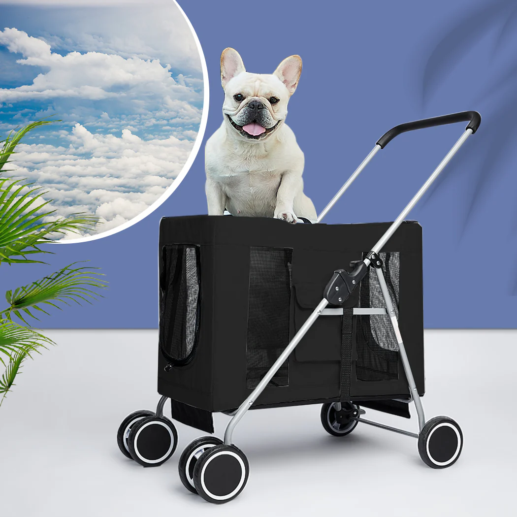 Pet Stroller Dog Cat Puppy Pram Travel Carrier 4 Wheels Pushchair Foldable Black - Nurns
