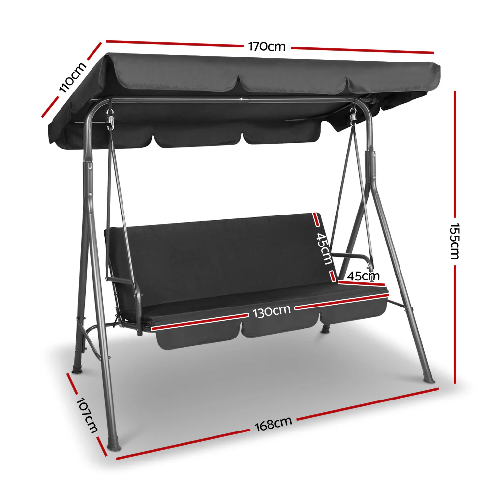 Lumin Outdoor Swing Chair Garden Chair Bench Furniture Canopy 3 Seater - Black - Nurns