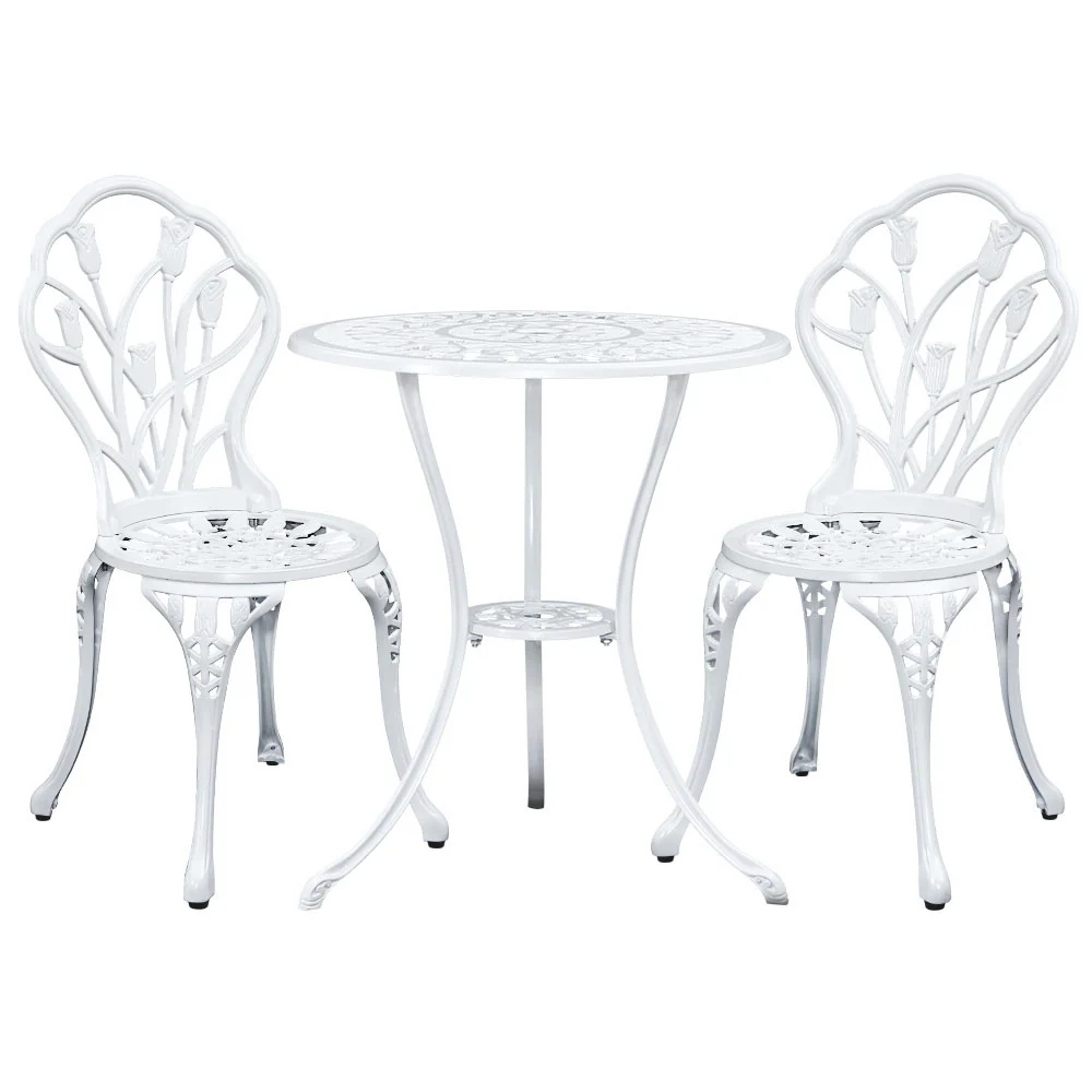 Ciaran 2-Seater Cast Aluminium Table Chair Patio 3-Piece Outdoor Setting - White - Nurns