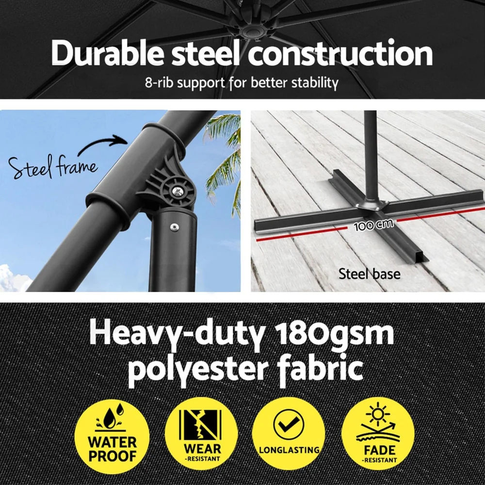 Instahut 3m Outdoor Umbrella w/Base Cantilever Garden Beach Patio Black - Nurns