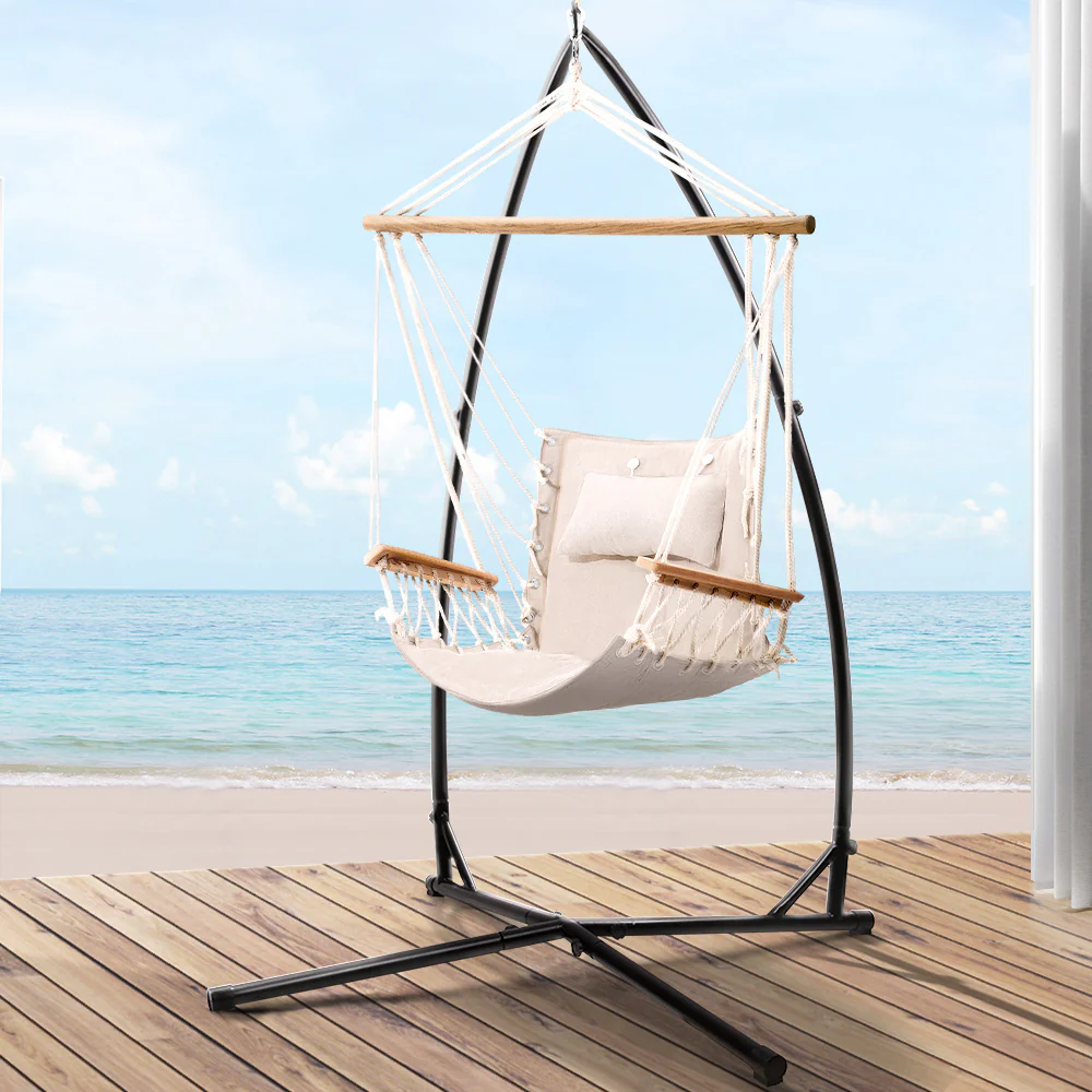 Hammock Chair with Steel Stand Armrest Outdoor Hanging - Cream - Nurns