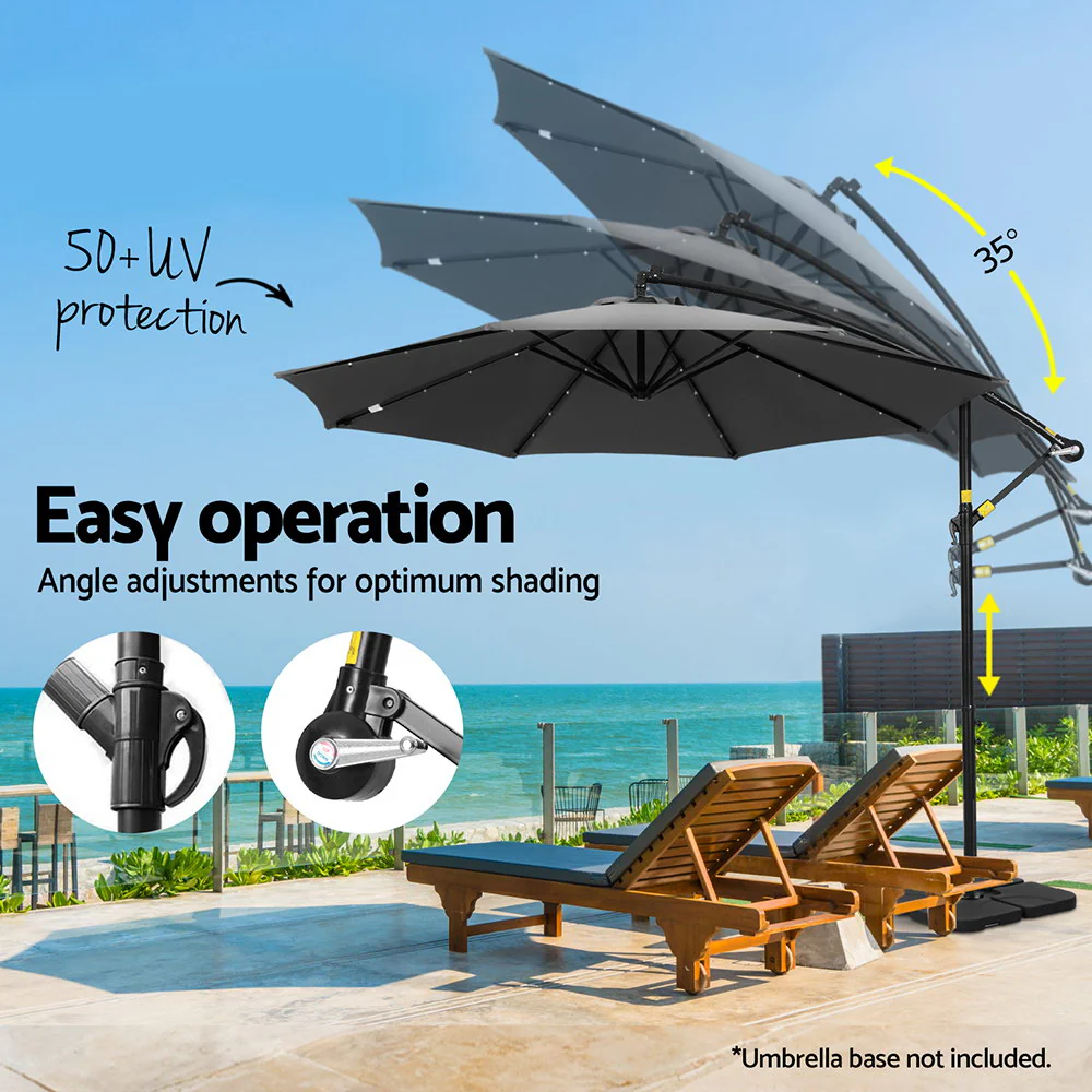 Instahut Outdoor Umbrella 3M Cantilever Beach LED Base Garden Sun Patio Charcoal - Nurns