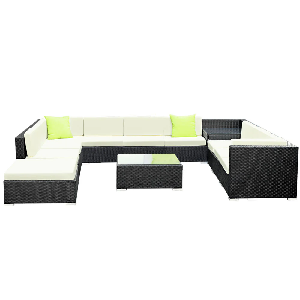Chester 11-Seater Outdoor Set Furniture Wicker 12-Piece Sofa with Storage Cover - Black - Nurns