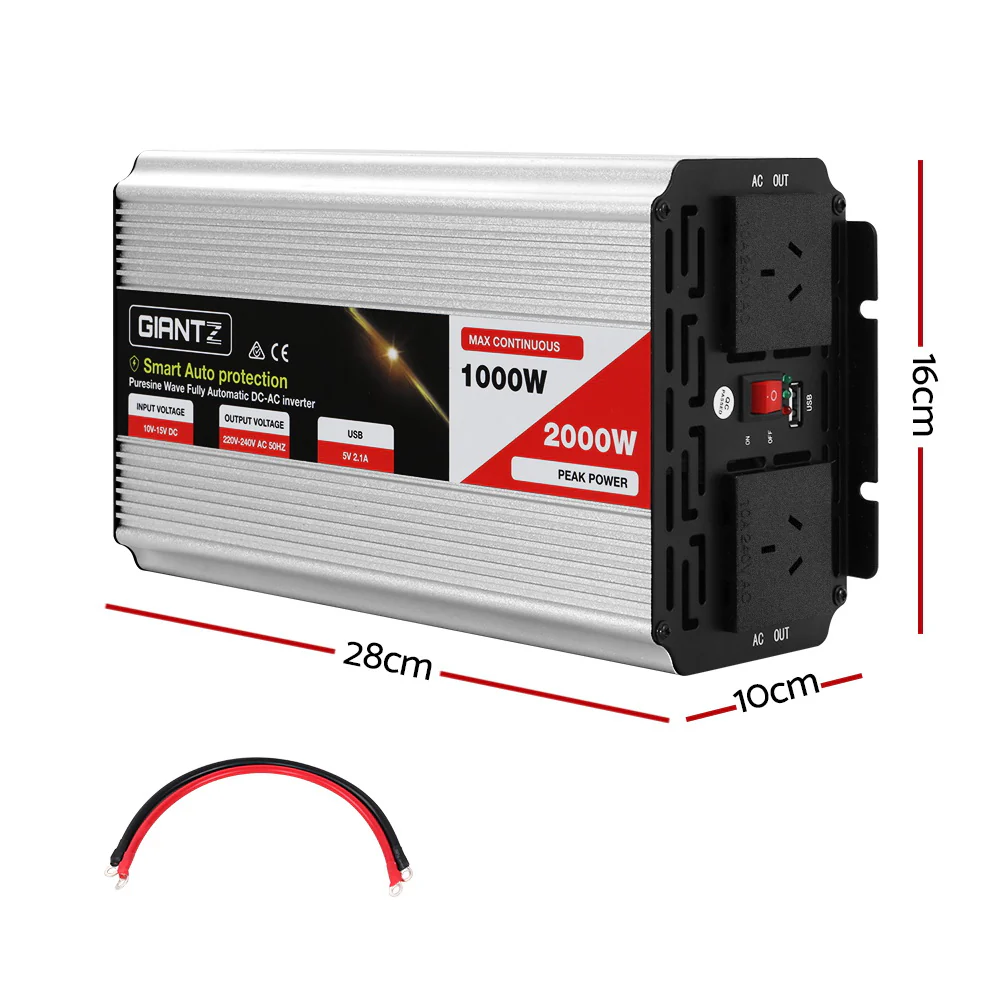Power Inverter 1000W or 2000W Pure Sine Wave 12V-240V Camping Boat Caravan - Nurns