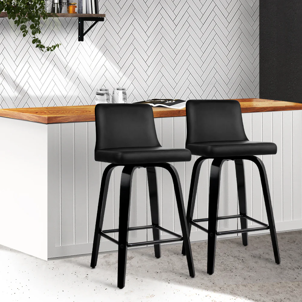 Set of 2 Florina Wooden PU Leather Bar Stool - Black - Nurns
