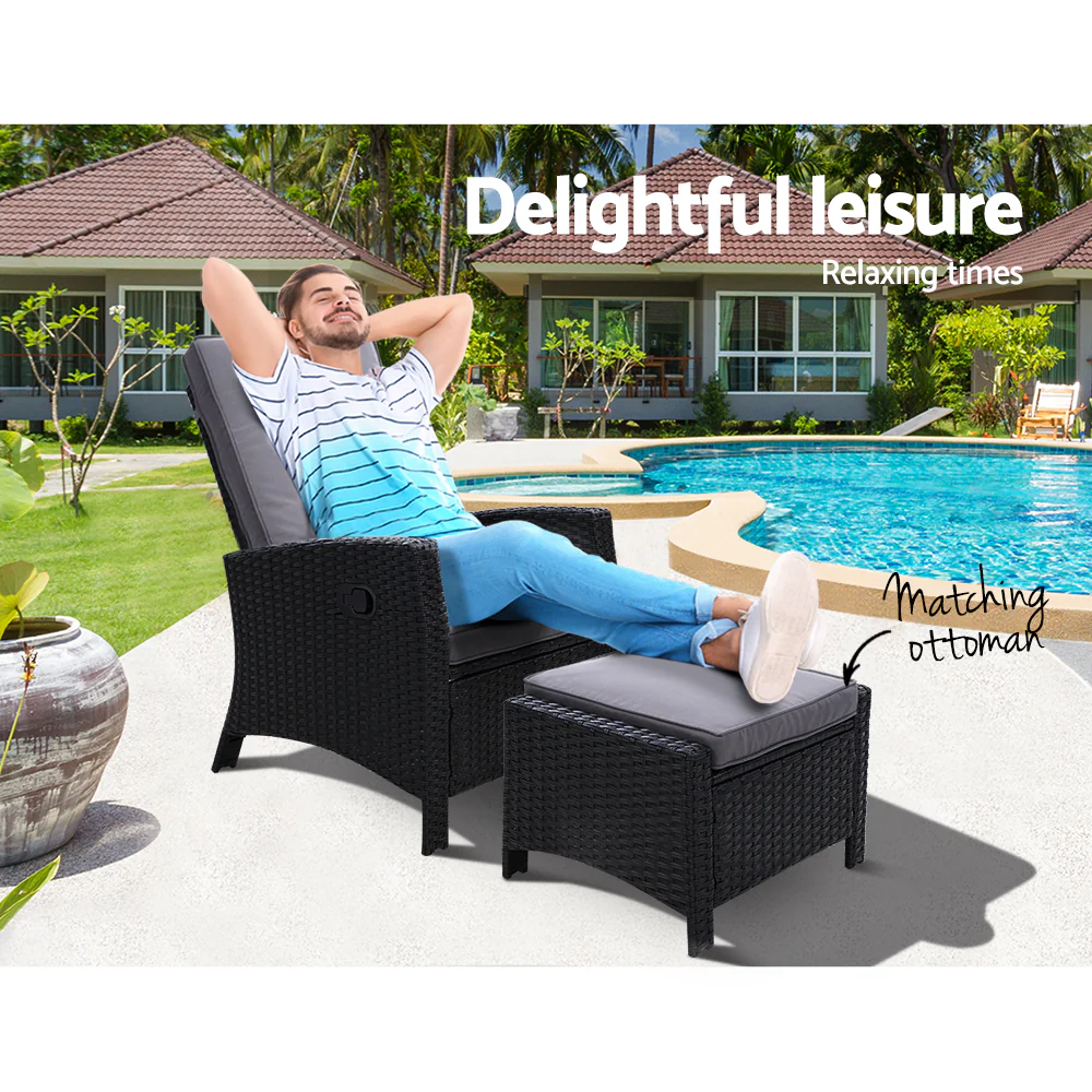 Dursley Recliner Chair Outdoor Furniture Setting Patio Wicker Sofa Chair and Ottoman - Black - Nurns