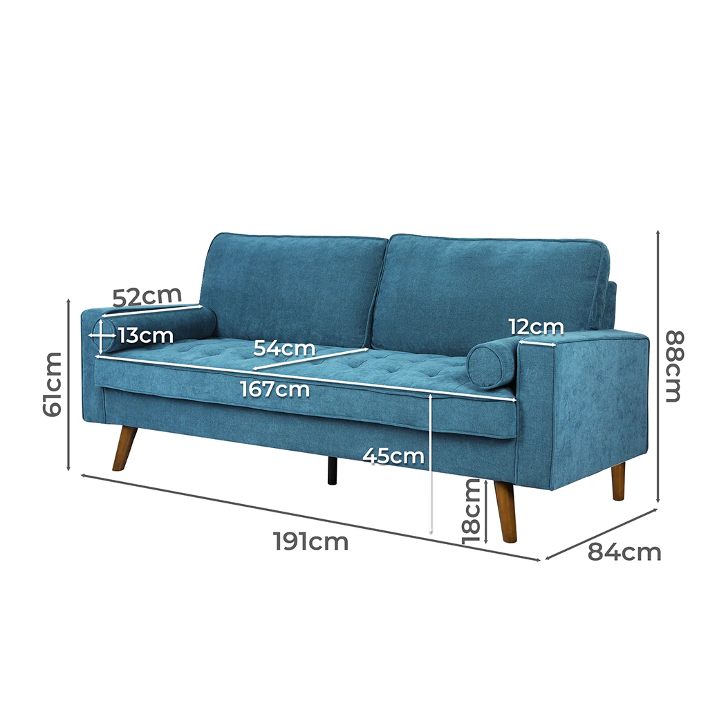 Maylee 3-Seater Fabric Sofa Armchair Couch 191cm Wide - Blue - Nurns