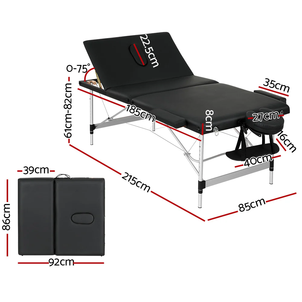 Massage Table 85cm Portable 3 Fold Aluminium Beauty Bed - Black - Nurns