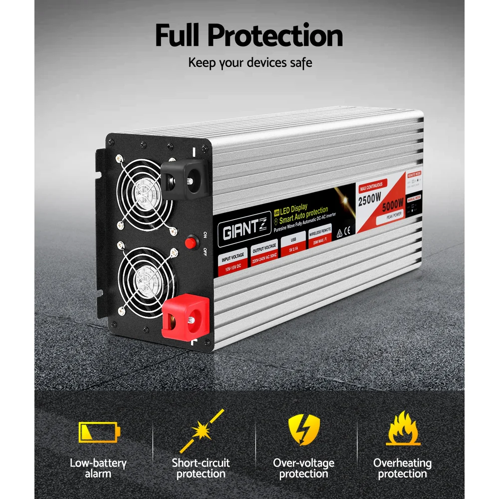 Power Inverter 12V to 240V 2500W/5000W Pure Sine Wave Camping Car Boat - Nurns