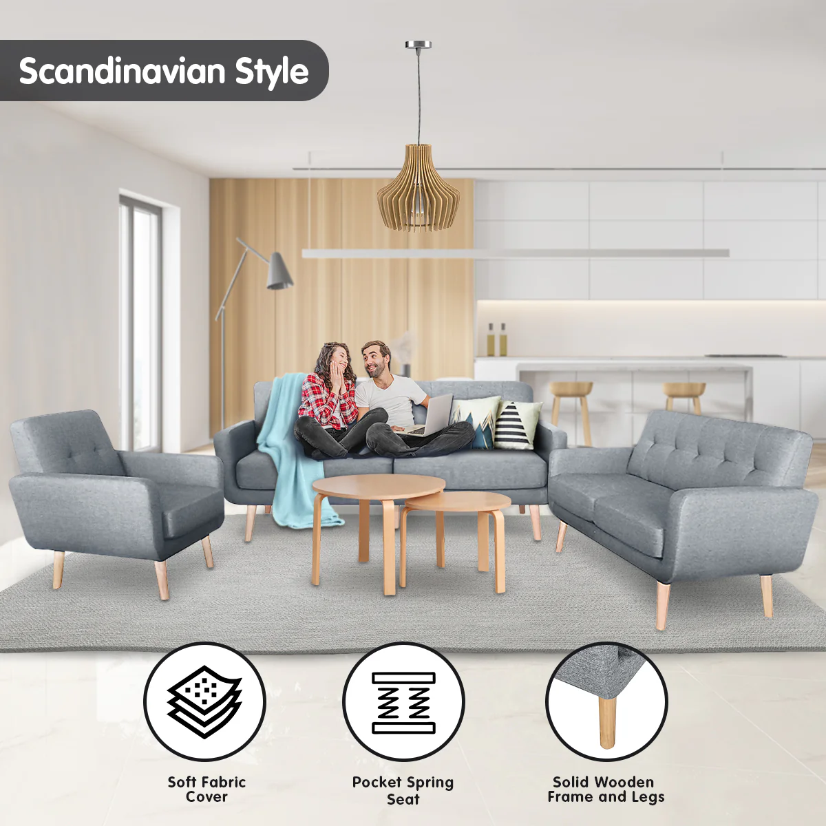 Maya 6-Seater Linen Futon Couch Sofa Set - Light Grey - Nurns