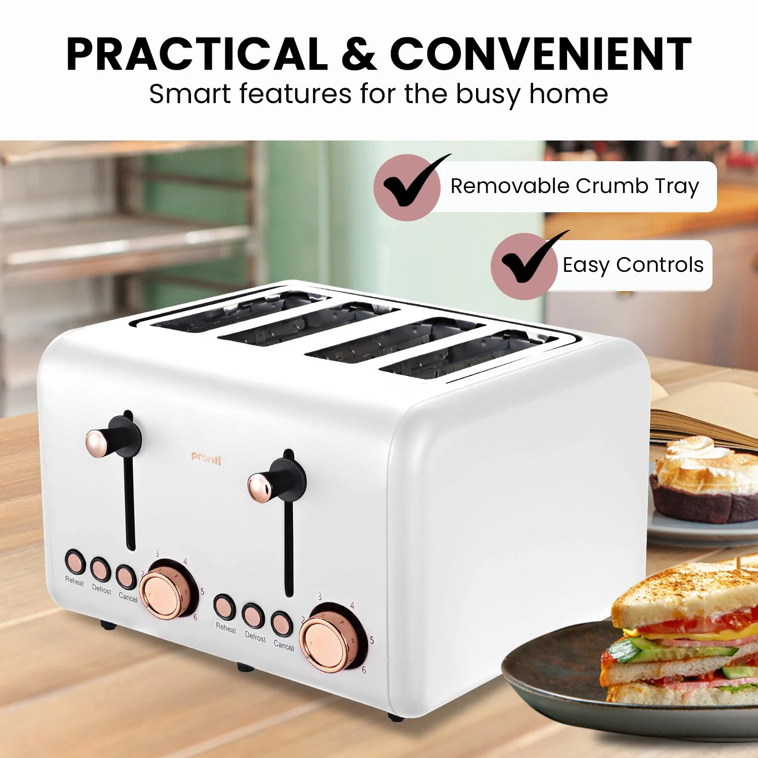 Pronti 4 Slice Toaster Rose Trim Collection - White - Nurns