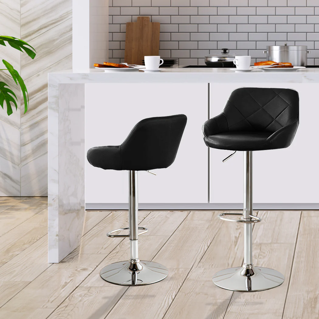 Set of 2 Tours Bar Stools Kitchen Barstools PU Leather Chairs Gas Lift Swivel - Black - Nurns