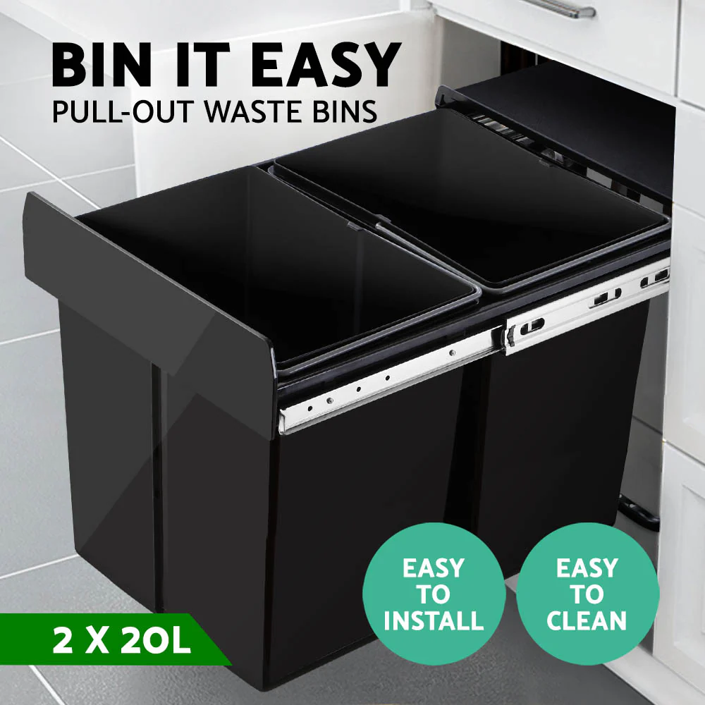 Pull Out Bin Kitchen Double Basket 2X20L Black - Nurns